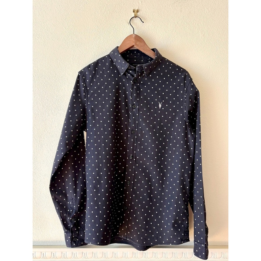AllSaints Bethel Slim Fit Dot Flannel Shirt Black White Ramskull Logo Cotton S